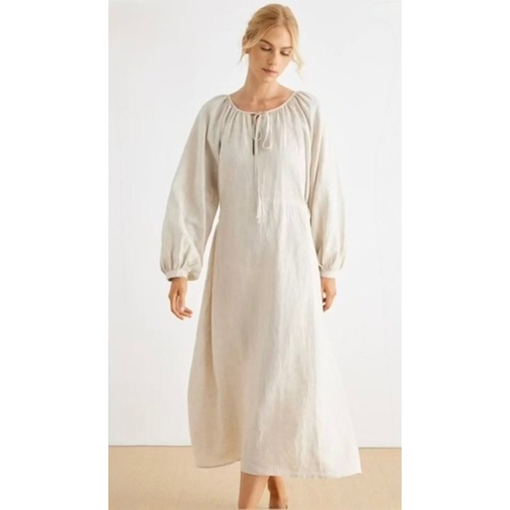 Grae Cove Maddie Linen Balloon Sleeve Midi Dress Beige Oatmeal Pockets Cinch S